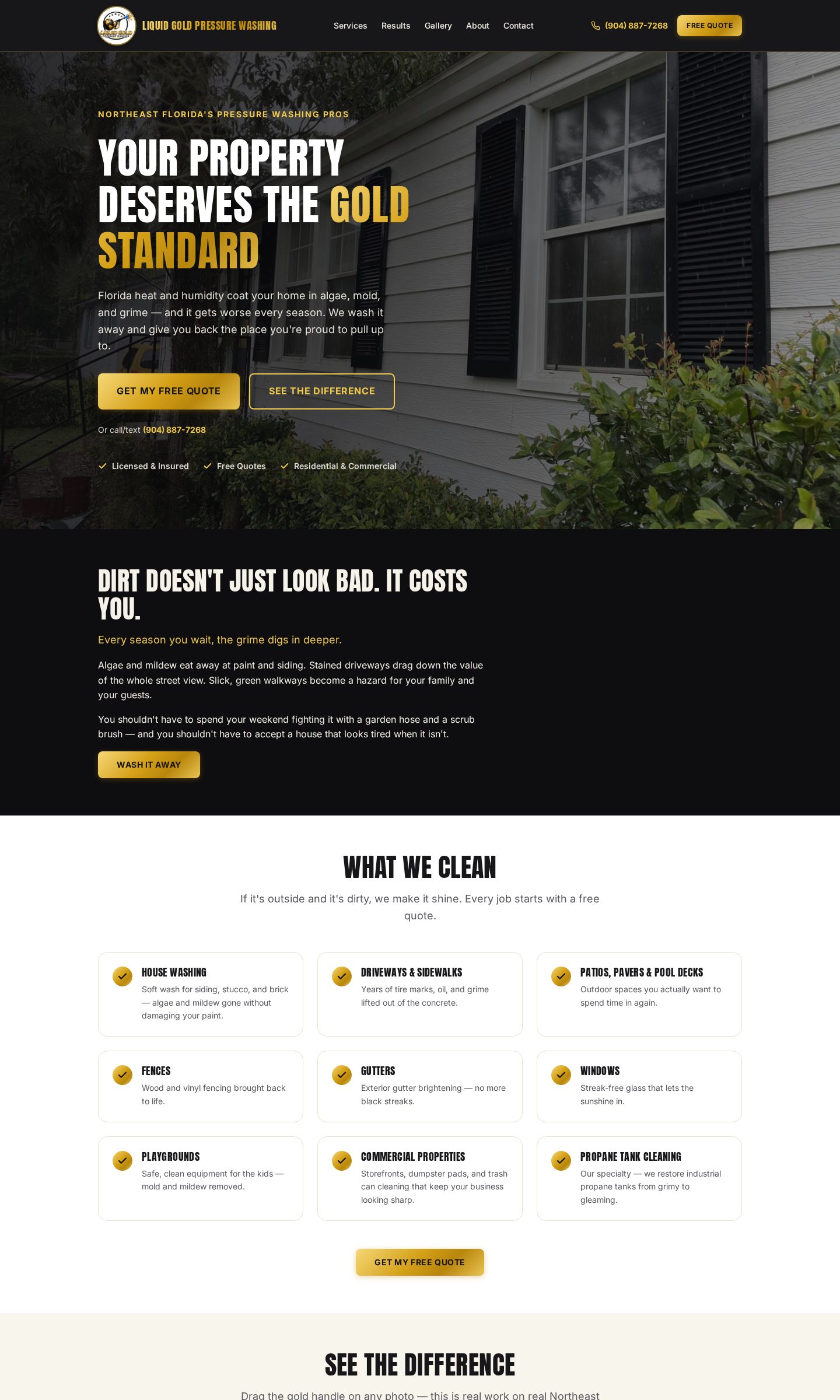 Liquid Gold Pressure Washing homepage on a desktop screen